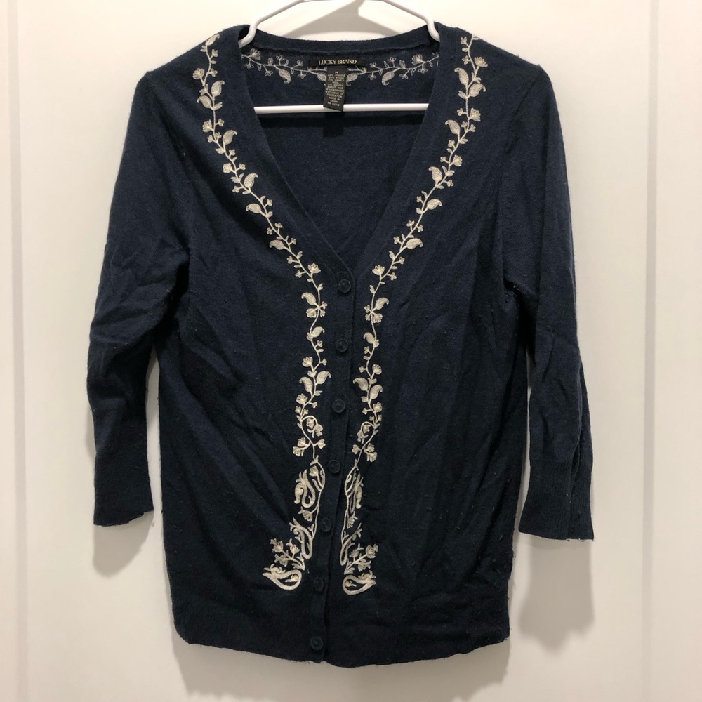 Lucky Brand Blue Embroidered Cardigan Sweater